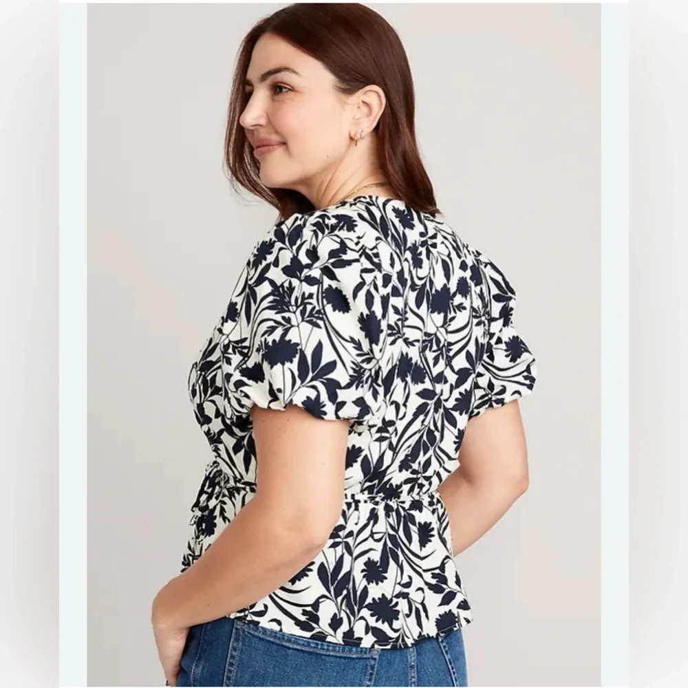 NEW Navy Blue & White Cotton Waist-Defined Puff-Sleeve Tie-Wrap Blouse 3X
